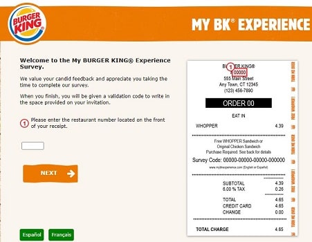 My BK Experience survey page